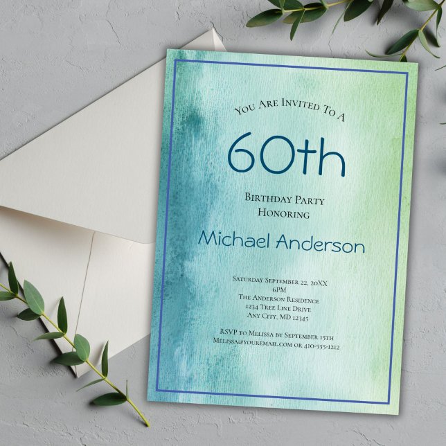 Invitación de cumpleaños 60 azul verde acuarela pa (60th Editable Birthday Invitation for him. Blue Green Watercolor Background. Simple Minimalist )