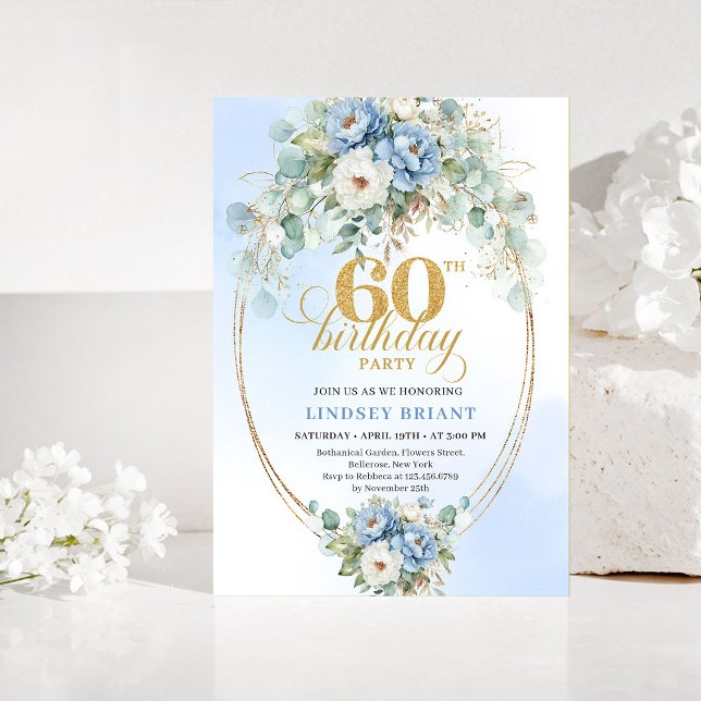 Invitación de cumpleaños 60 Bohemian Dusty Blue Fl (Bohemian Dusty Blue Flowers 60th Birthday Invitation)