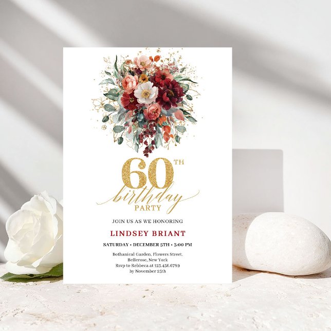 Invitación de cumpleaños 60 Boho Borgoña Oro Verdo (Boho Burgundy Gold Greenery 60th Birthday Invite

)