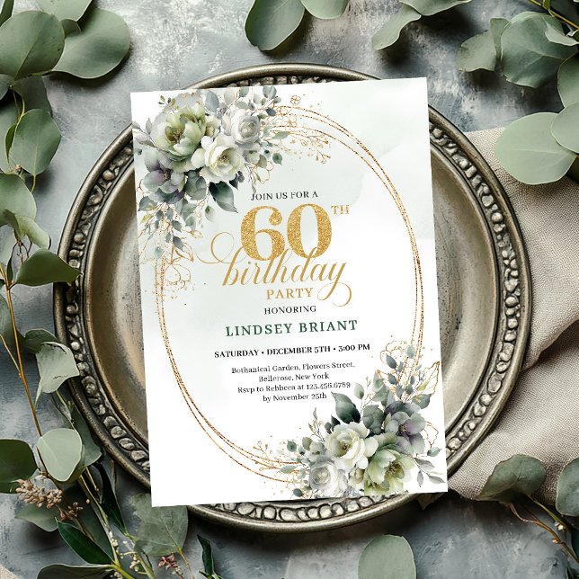 Invitación de cumpleaños 60 Boho con follaje verde (Dusty Green 60th Birthday Boho Foliage Invite

)