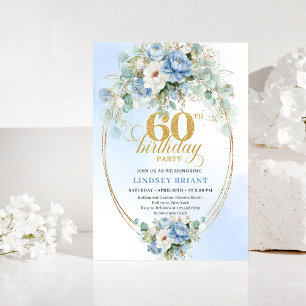 Invitación de cumpleaños 60 Boho Dusty Blue Floral