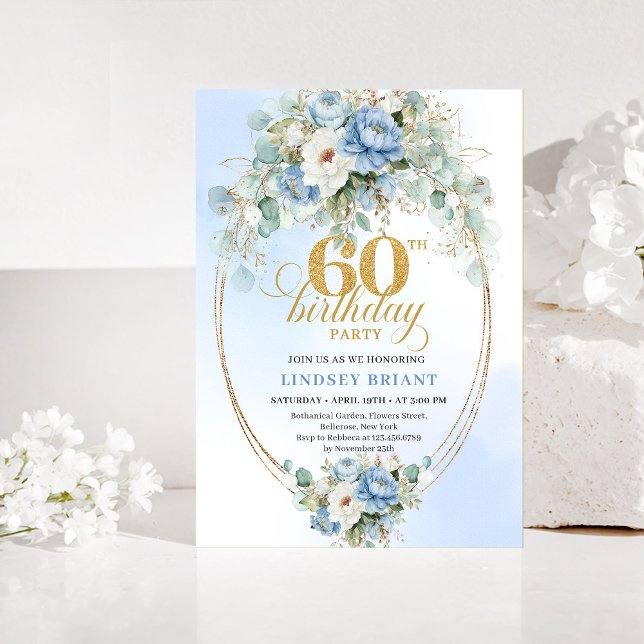 Invitación de cumpleaños 60 Boho Dusty Blue Floral (Boho Dusty Blue Floral 60th Birthday Invitation)