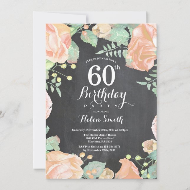 Invitación de cumpleaños 60 botánico floral meloco (Anverso)