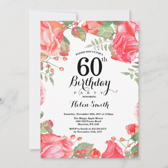Invitación de cumpleaños 60 Botánico Floral Rojo (Anverso)