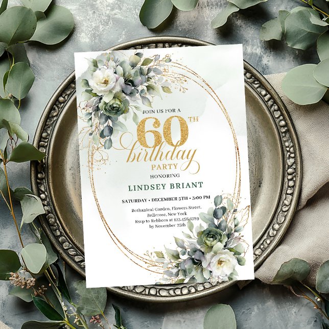 Invitación de cumpleaños 60 botánico Verde Polvori (Botanical 60th Birthday Dusty Green Invite

)