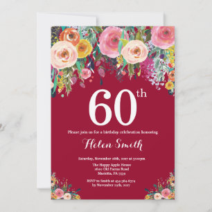 Invitación de cumpleaños 60 Burgundy Floral