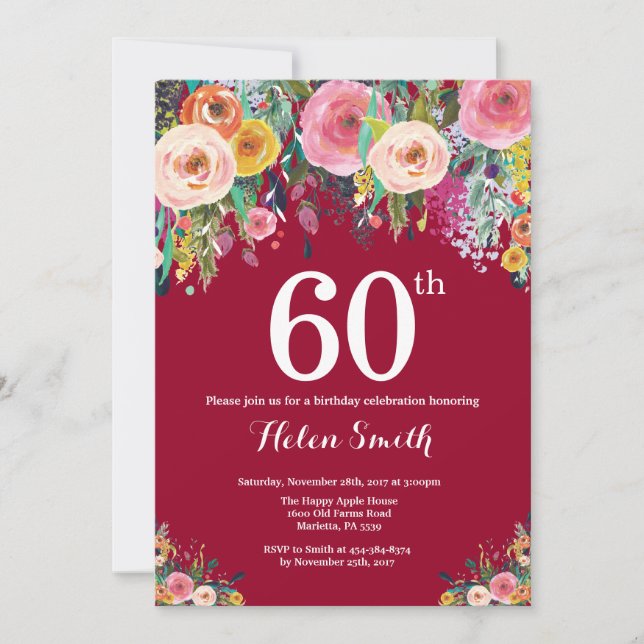 Invitación de cumpleaños 60 Burgundy Floral (Anverso)
