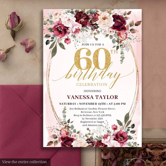 Invitación de cumpleaños 60 Chic Boho Granate Dora (Chic Boho Maroon Gold Floral 60th Birthday Party)