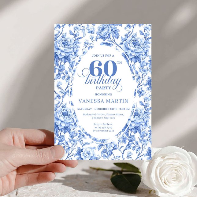 Invitación de cumpleaños 60 Chic Royal Blue Toile  (Chic Royal Blue Toile Roses 60th Birthday Invite PDF

)