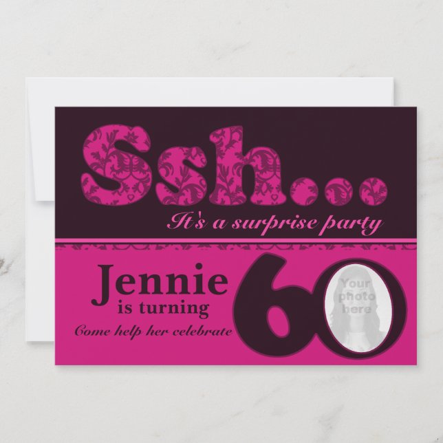 Invitación de cumpleaños 60 color rosa rosa, sorpr (Anverso)