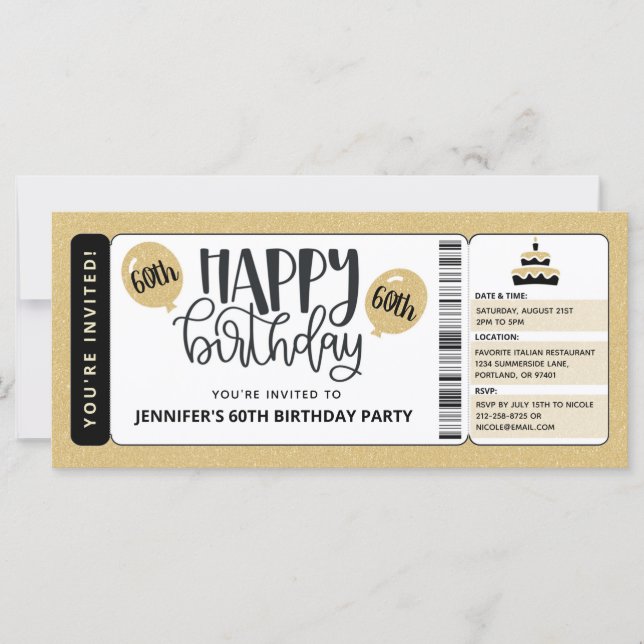 Invitación de cumpleaños 60 con brillo de oro negr (Anverso)