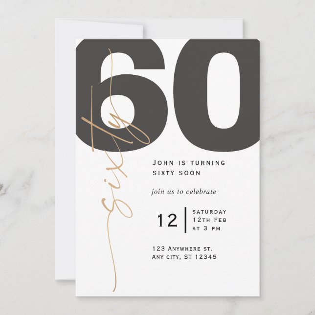 Invitación de cumpleaños 60 con caligrafía dorada (Anverso)