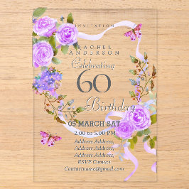 Invitación de cumpleaños 60 con cinta de rosa púrp