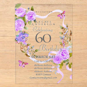 Invitación de cumpleaños 60 con cinta de rosa púrp