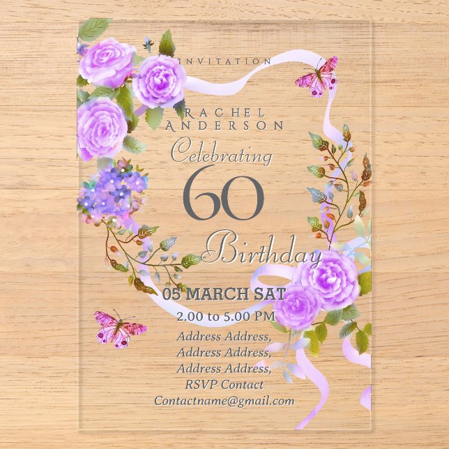 Invitación de cumpleaños 60 con cinta de rosa púrp (Anverso)