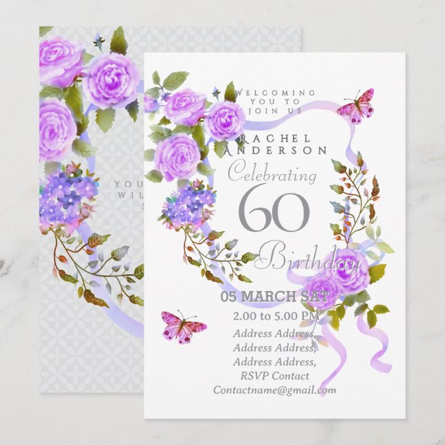 Invitación de cumpleaños 60 con cinta de rosa púrp (Anverso / Reverso)
