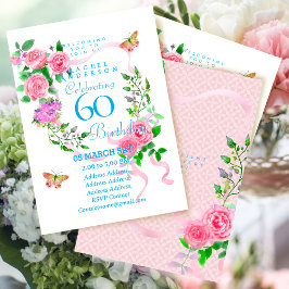 Invitación de cumpleaños 60 con cinta de rosa rosa