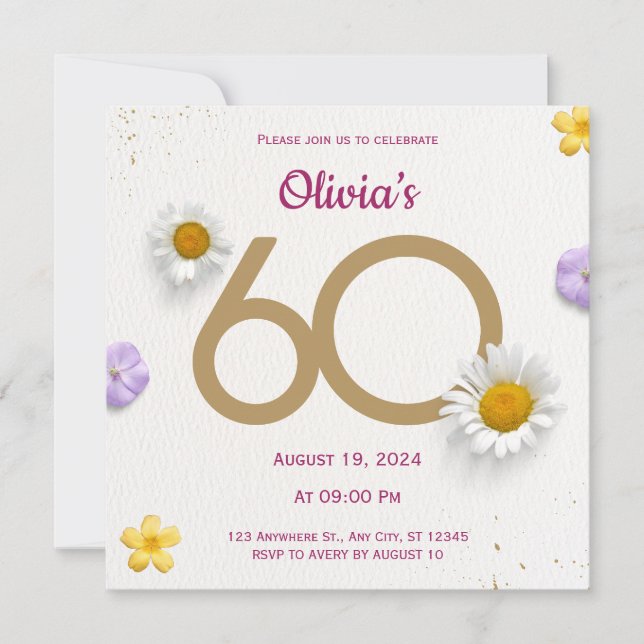 Invitación de cumpleaños 60 con flores doradas (Anverso)