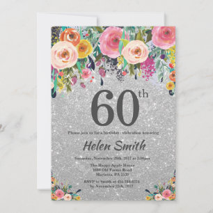 Invitación de cumpleaños 60 con flores y brillo de