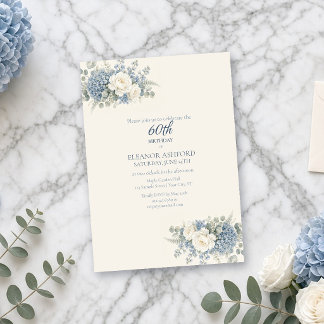 Invitación de cumpleaños 60 con hortensias en acua