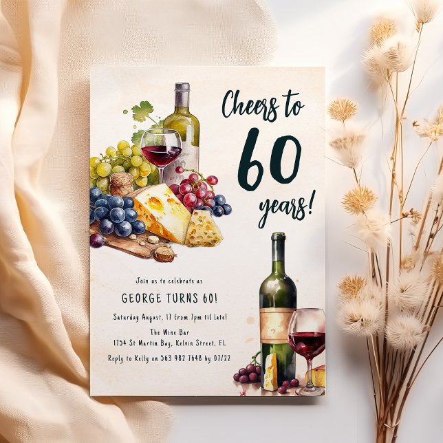 Invitación de Cumpleaños 60 con Tabla de Queso y V (Subido por el creador)