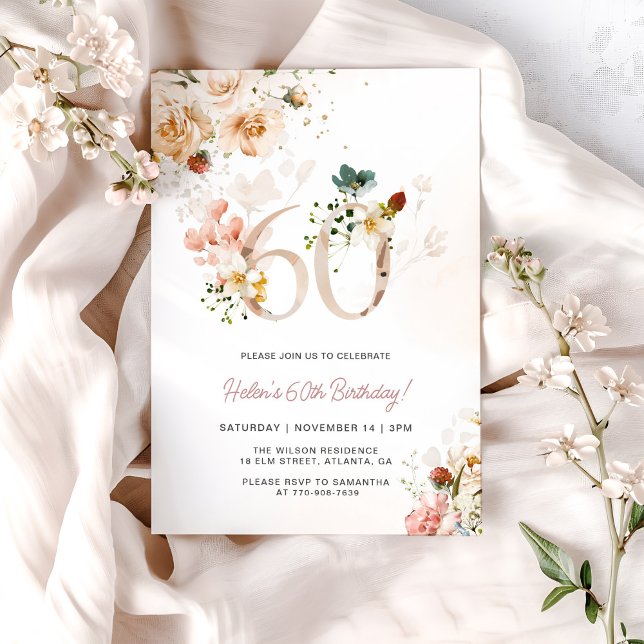 Invitación de cumpleaños 60 de floral rosa y dorad (Subido por el creador)