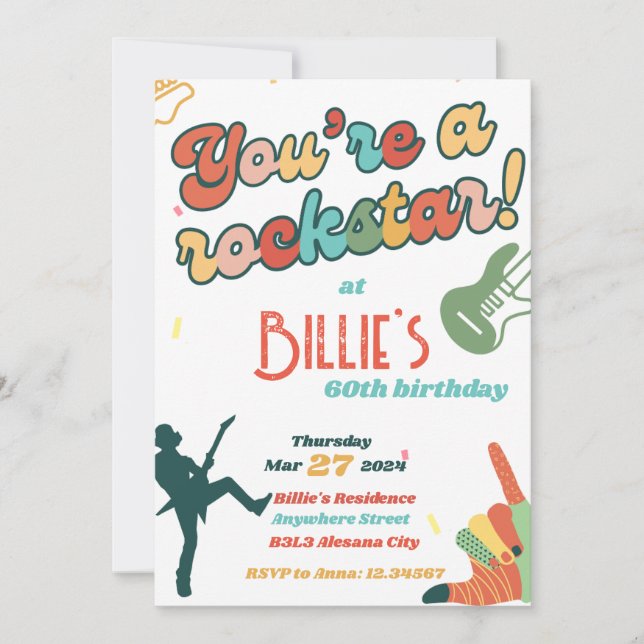 Invitación de cumpleaños 60 de Guitarra Rockstar 6 (Anverso)
