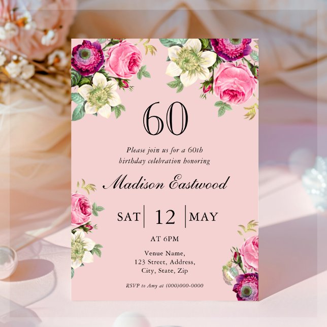 Invitación de cumpleaños 60 de Pink Floral (Subido por el creador)