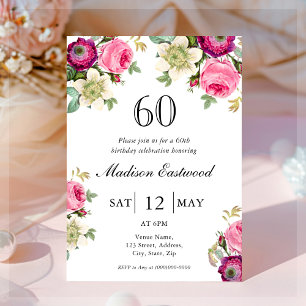 Invitación de cumpleaños 60 de Pink Floral