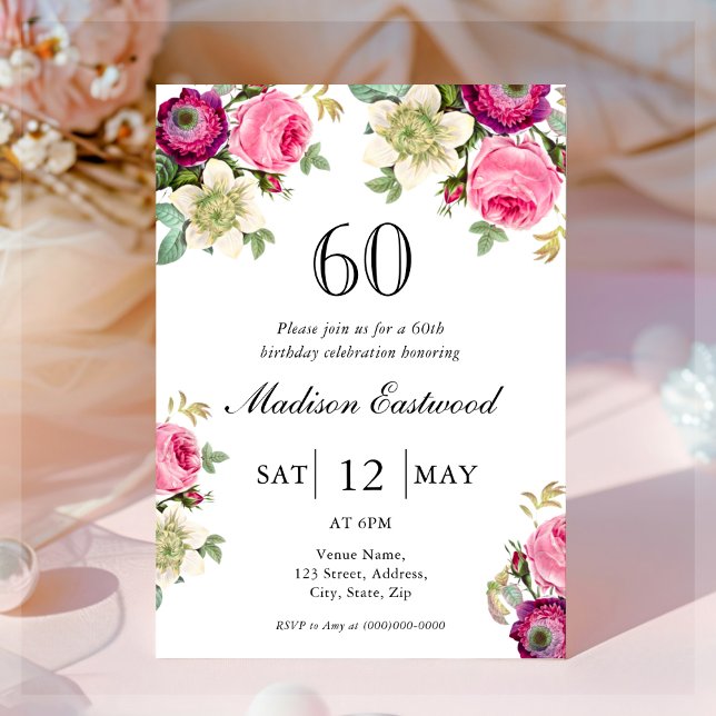 Invitación de cumpleaños 60 de Pink Floral (Subido por el creador)