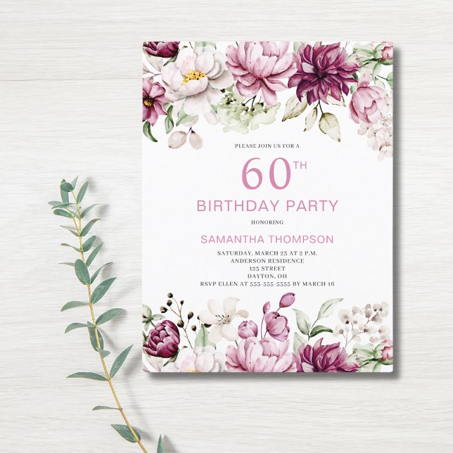 Invitación de cumpleaños 60 de Pink Floral (Subido por el creador)