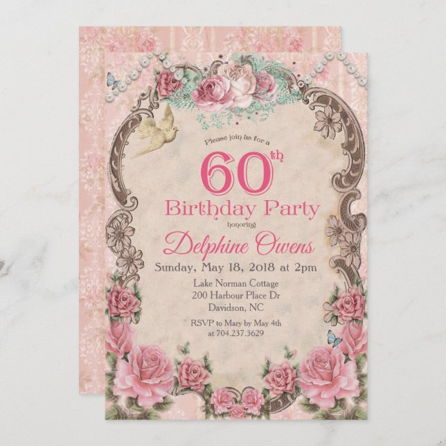 Invitación de cumpleaños 60 de Vintage Floral (Anverso / Reverso)