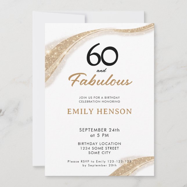 Invitación de cumpleaños 60 dorada y fabulosa 60 (Anverso)