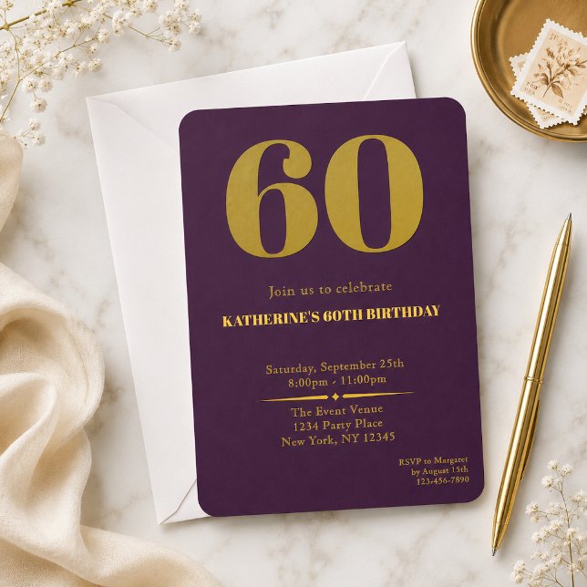Invitación de cumpleaños 60 dorado ciruela Sesenta (Subido por el creador)