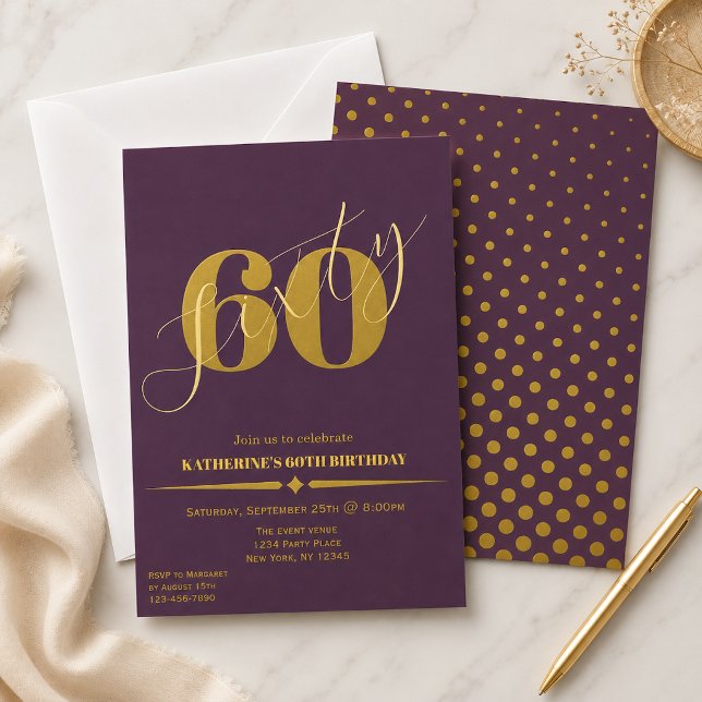 Invitación de cumpleaños 60 elegante ciruela y oro (Subido por el creador)