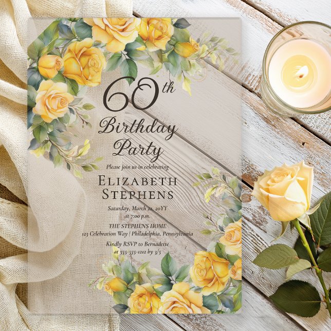 Invitación de cumpleaños 60 elegante con rosa amar (Elegant yellow rose 60th birthday acrylic invitation with soft botanical floral design)