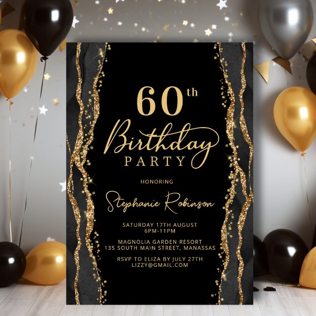 Invitación de cumpleaños 60 elegante de ágata negr (Subido por el creador)