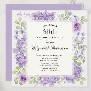 Invitación de cumpleaños 60 elegante flores púrpur