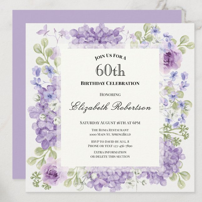 Invitación de cumpleaños 60 elegante flores púrpur (Subido por el creador)