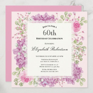 Invitación de cumpleaños 60 elegante flores rosada