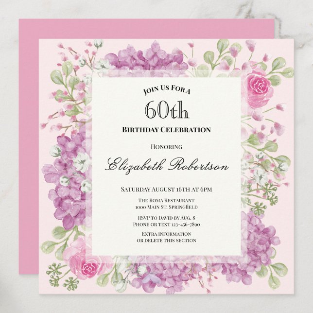 Invitación de cumpleaños 60 elegante flores rosada (Subido por el creador)