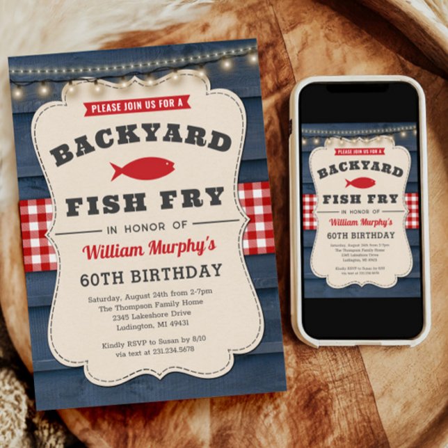 Invitación de cumpleaños 60 Fish Fry Fry (Backyard Fish Fry 60th Birthday Invitation)