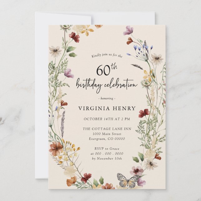 Invitación de cumpleaños 60 floral (Anverso)