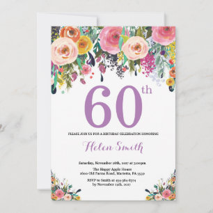 Invitación de cumpleaños 60 Floral Púrpura