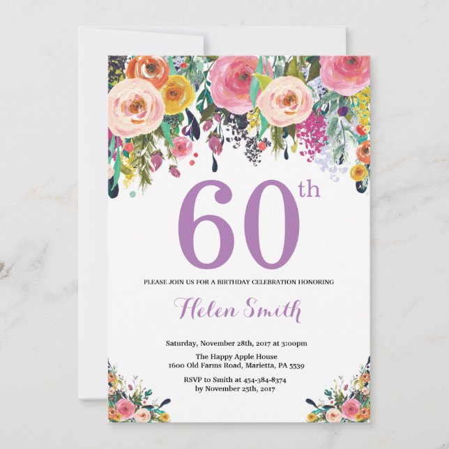 Invitación de cumpleaños 60 Floral Púrpura (Anverso)