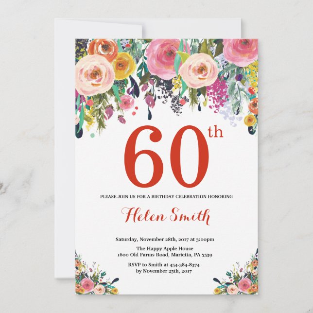 Invitación de cumpleaños 60 Floral Rojo (Anverso)