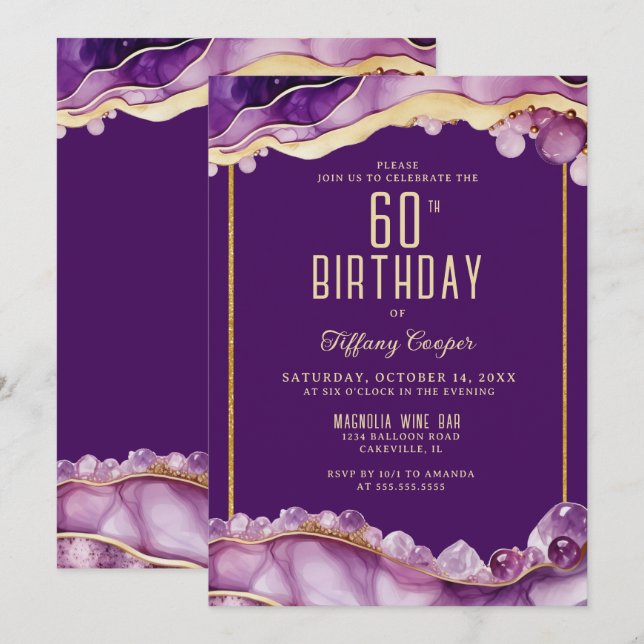 Invitación de cumpleaños 60 Gemstone de oro morado (Anverso / Reverso)