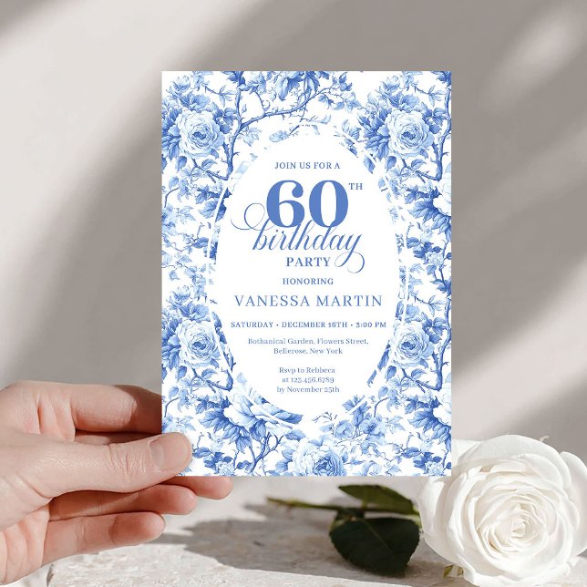 Invitación de cumpleaños 60 Luxury Navy Blue Roses (Luxury Navy Blue Roses Toile 60th Birthday Invite)