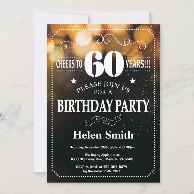 Invitación de cumpleaños 60 Purpurina de oro (Anverso)