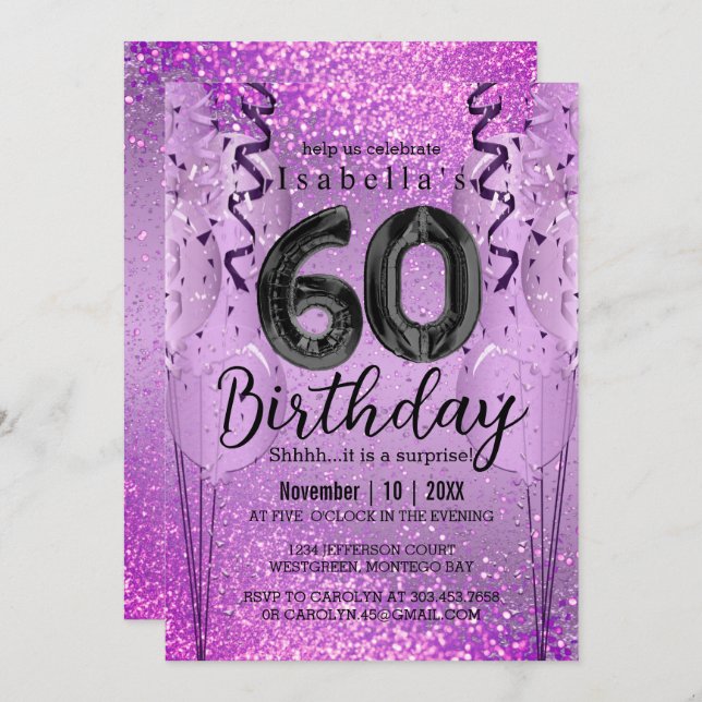 Invitación de cumpleaños 60 Purpurina morado y ros (Anverso / Reverso)